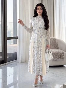 Feyla 女款花卉圖案蕾絲優雅收腰長洋裝 - 彩色 - 查看 5
