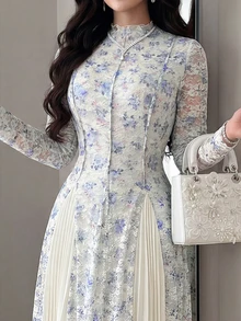Feyla 女款花卉圖案蕾絲優雅收腰長洋裝 - 彩色 - 查看 7