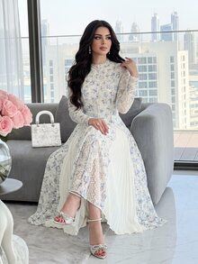 Feyla 女款花卉圖案蕾絲優雅收腰長洋裝 - 彩色 - 查看 6