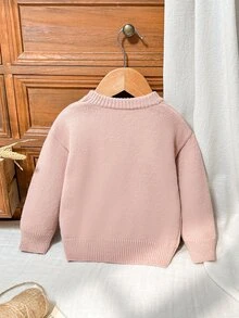 SHEIN 女嬰圓領套頭粉色毛衣，卡通刺繡圖案，小鴨，秋冬款，舒適柔軟 - 粉色 - 查看 5