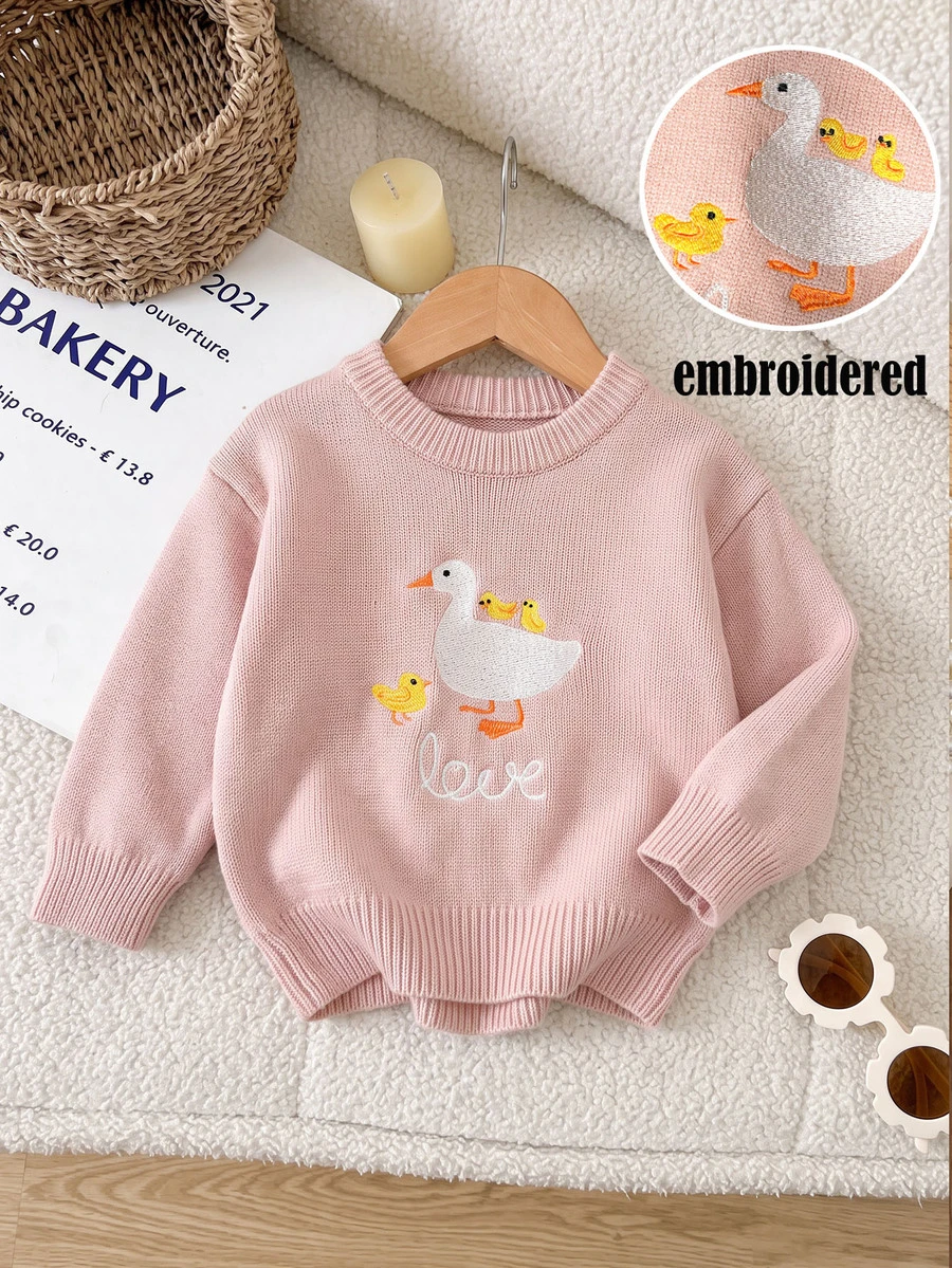SHEIN Baby Girls Round Neck Pullover Pink Sweater, Cartoon Embroidery Pattern, Duck, Autumn/Winter, Comfortable And Soft - Pink - View 1
