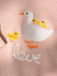 SHEIN 女嬰圓領套頭粉色毛衣，卡通刺繡圖案，小鴨，秋冬款，舒適柔軟 - 粉色 - 查看 2