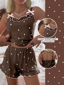 CottageSlumber Women's Ribbed Velvet Camisole & Shorts Pajama Set With Ruffle Trim, Small Bows And Romantic Heart Design - Coffee Brown - View 2