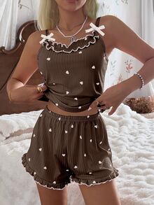CottageSlumber Women's Ribbed Velvet Camisole & Shorts Pajama Set With Ruffle Trim, Small Bows And Romantic Heart Design - Coffee Brown - View 3