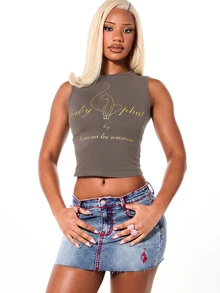 BABYPHAT Sleeveless Tank Top With Cat Logo Print Brown Cotton Casual Top - Chocolate Brown - View 6