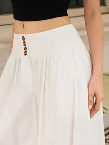 SHEIN Raffinéa Women's Casual French Elegant Floral Button Loose Wide Leg Pants, Autumn Linen Off-White Long Thanksgiving Brunch Office - Beige - View 6