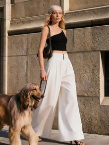 SHEIN Raffinéa Women's Casual French Elegant Floral Button Loose Wide Leg Pants, Autumn Linen Off-White Long Thanksgiving Brunch Office - Beige - View 7
