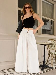 SHEIN Raffinéa Women's Casual French Elegant Floral Button Loose Wide Leg Pants, Autumn Linen Off-White Long Thanksgiving Brunch Office - Beige - View 4