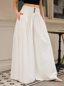 SHEIN Raffinéa Women's Casual French Elegant Floral Button Loose Wide Leg Pants, Autumn Linen Off-White Long Thanksgiving Brunch Office - Beige - View 3