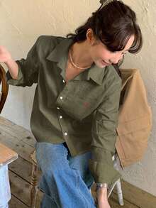 DAZY 休閒百搭秋季刺繡圖案寬鬆長袖領口女式襯衫 辦公日常穿搭 橄欖綠 - 軍綠色 - 查看 7