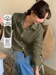 DAZY 休閒百搭秋季刺繡圖案寬鬆長袖領口女式襯衫 辦公日常穿搭 橄欖綠 - 軍綠色 - 查看 3