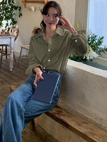 DAZY 休閒百搭秋季刺繡圖案寬鬆長袖領口女式襯衫 辦公日常穿搭 橄欖綠 - 軍綠色 - 查看 2