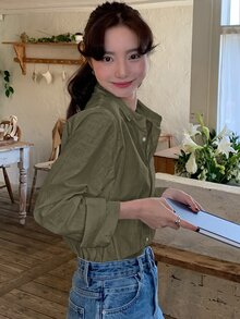 DAZY 休閒百搭秋季刺繡圖案寬鬆長袖領口女式襯衫 辦公日常穿搭 橄欖綠 - 軍綠色 - 查看 5
