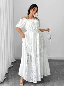 Elenzga Plus Size Elegant Solid Color Off Shoulder Dress - White - View 7