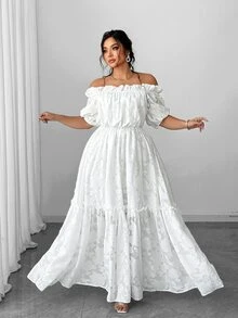 Elenzga Plus Size Elegant Solid Color Off Shoulder Dress - White - View 8