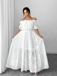 Elenzga Plus Size Elegant Solid Color Off Shoulder Dress - White - View 4