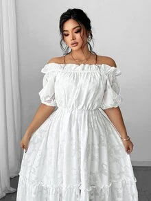 Elenzga Plus Size Elegant Solid Color Off Shoulder Dress - White - View 2