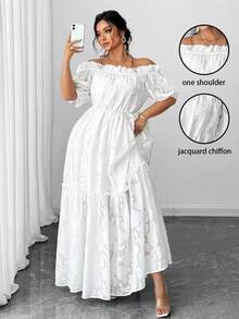 Elenzga Plus Size Elegant Solid Color Off Shoulder Dress - White - View 1