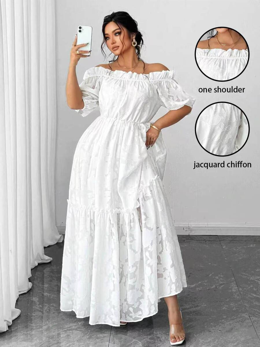 Elenzga Plus Size Elegant Solid Color Off Shoulder Dress - White - View 1