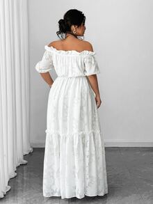 Elenzga Plus Size Elegant Solid Color Off Shoulder Dress - White - View 3