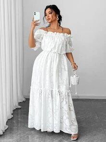 Elenzga Plus Size Elegant Solid Color Off Shoulder Dress - White - View 6