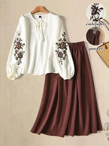 Rusticease Casual Boho Autumn Outfits For Women Going Out Garden Party Brunch 2 Pieces Set Winter Elegant White Floral Burgundy Female Country Look Embroidery - Multicolor - View 3
