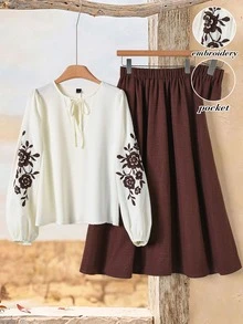 Rusticease Casual Boho Autumn Outfits For Women Going Out Garden Party Brunch 2 Pieces Set Winter Elegant White Floral Burgundy Female Country Look Embroidery - Multicolor - View 1