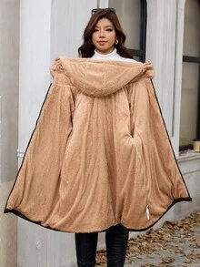 SHEIN Clasi 女款大尺碼純色長袖前拉鍊連帽冬季夾克 - 黑色 - 查看 10