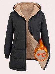 SHEIN Clasi 女款大尺碼純色長袖前拉鍊連帽冬季夾克 - 黑色 - 查看 1