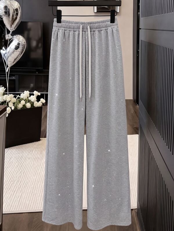 GlowEve CURVE Plus Size Women's Fashion Casual Rhinestone Decor High Waist Drawstring Sweatpants, Fashionable Item Suitable For Women To Wear In Autumn.