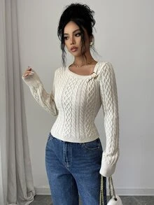 SHEIN Elenzya Autumn/Winter Casual Solid Color Cable Knit Sweater - Apricot - View 6