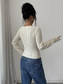 SHEIN Elenzya Autumn/Winter Casual Solid Color Cable Knit Sweater - Apricot - View 2
