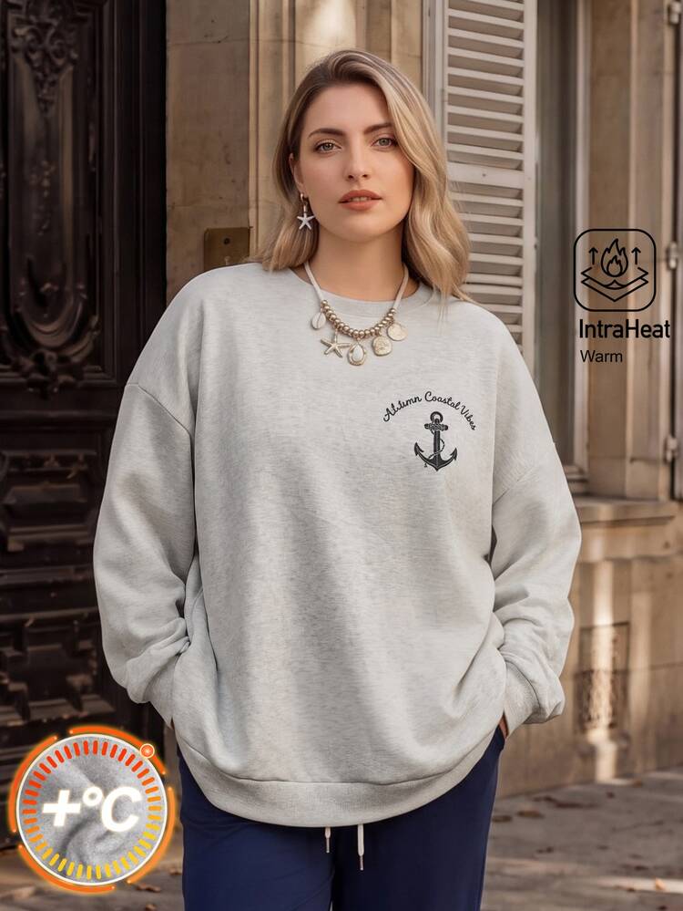 Rosumi Plus Size Women's Autumn/Winter Casual Vacation Country Letter Print Crew Neck Long Sleeve Casual Loose Sweatshirt,Fall,Holiday,Going Out ,Beach - Light Grey - View 6