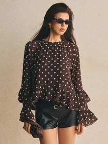 Poéselle Women's French Style Versatile Polka Dot Ruffle Hem Blouse,Suitable For Dates, Festival Women,Autumn Outfits For Women - Coffee Brown - View 6