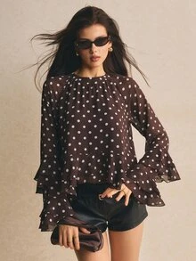 Poéselle Women's French Style Versatile Polka Dot Ruffle Hem Blouse,Suitable For Dates, Festival Women,Autumn Outfits For Women - Coffee Brown - View 7
