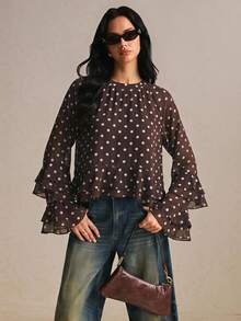 Poéselle Women's French Style Versatile Polka Dot Ruffle Hem Blouse,Suitable For Dates, Festival Women,Autumn Outfits For Women - Coffee Brown - View 2