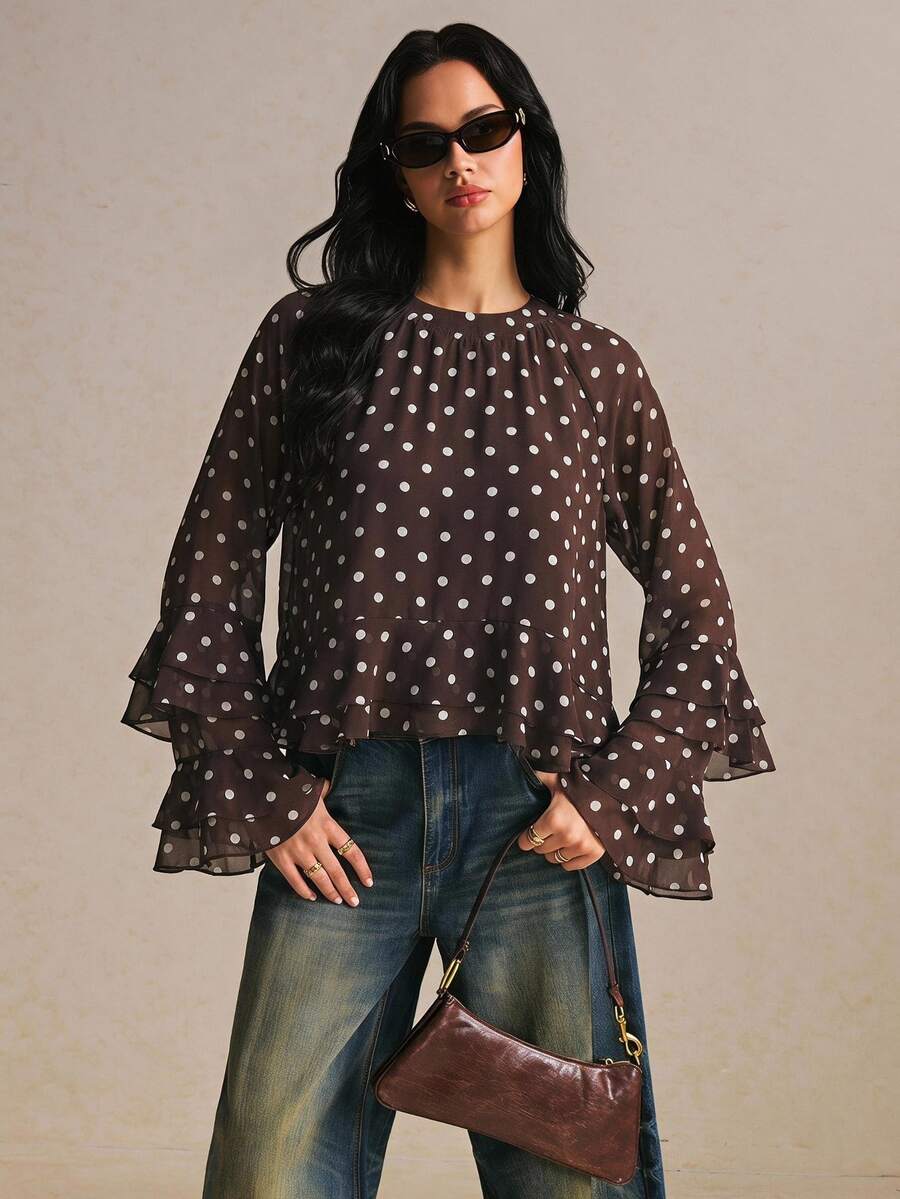 Poéselle Women's French Style Versatile Polka Dot Ruffle Hem Blouse,Suitable For Dates, Festival Women,Autumn Outfits For Women