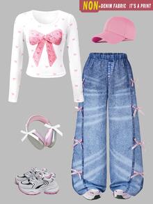 青少年女孩 T-shirt 套裝，粉色與白藍色，短袖上衣 + 長褲 2 件套，寬鬆版型，秋冬，Y2K，可愛，校園家庭 - 彩色 - 查看 3