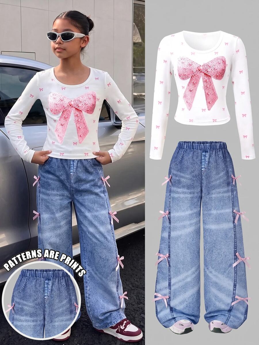 青少年女孩 T-shirt 套裝,粉色與白藍色,短袖上衣 + 長褲 2 件套,寬鬆版型,秋冬,Y2K,可愛,校園家庭 - 彩色 - 查看 1