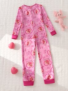 女童幼兒可愛公主印花長袖連身緊身睡衣居家服 - 粉色 - 查看 2
