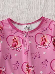 女童幼兒可愛公主印花長袖連身緊身睡衣居家服 - 粉色 - 查看 3