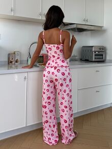 ZzzCrew Silk Lace Women's Pajama Set With Contrast Lace V-Neck Camisole And Long Pants, Sexy Style - Hot Pink - View 3