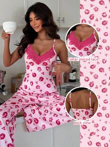 ZzzCrew Silk Lace Women's Pajama Set With Contrast Lace V-Neck Camisole And Long Pants, Sexy Style - Hot Pink - View 1