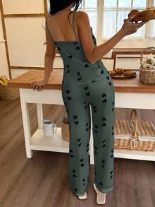 SHEIN Casual Underwear&Sleepwear 女士心形印花针织吊带背心和休闲裤睡衣套装，舒适休闲，四季皆宜 - 綠色 - 查看 3