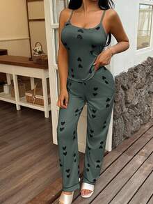 SHEIN Casual Underwear&Sleepwear 女士心形印花针织吊带背心和休闲裤睡衣套装，舒适休闲，四季皆宜 - 綠色 - 查看 4