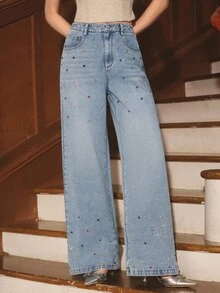 Anewsta Women's Light Blue Washed Rhinestone Detail Wide Leg Jeans, Y2K Casual Fall/Winter Denim Pants For Date Outfits - Blue - View 4