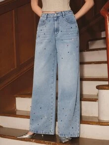 Anewsta Women's Light Blue Washed Rhinestone Detail Wide Leg Jeans, Y2K Casual Fall/Winter Denim Pants For Date Outfits - Blue - View 6