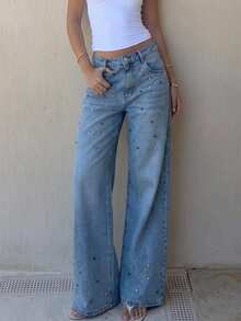 Anewsta Women's Light Blue Washed Rhinestone Detail Wide Leg Jeans, Y2K Casual Fall/Winter Denim Pants For Date Outfits - Blue - View 3