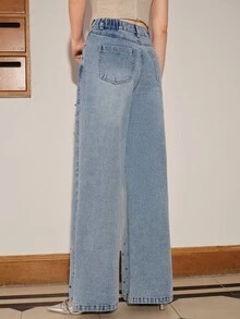 Anewsta Women's Light Blue Washed Rhinestone Detail Wide Leg Jeans, Y2K Casual Fall/Winter Denim Pants For Date Outfits - Blue - View 7