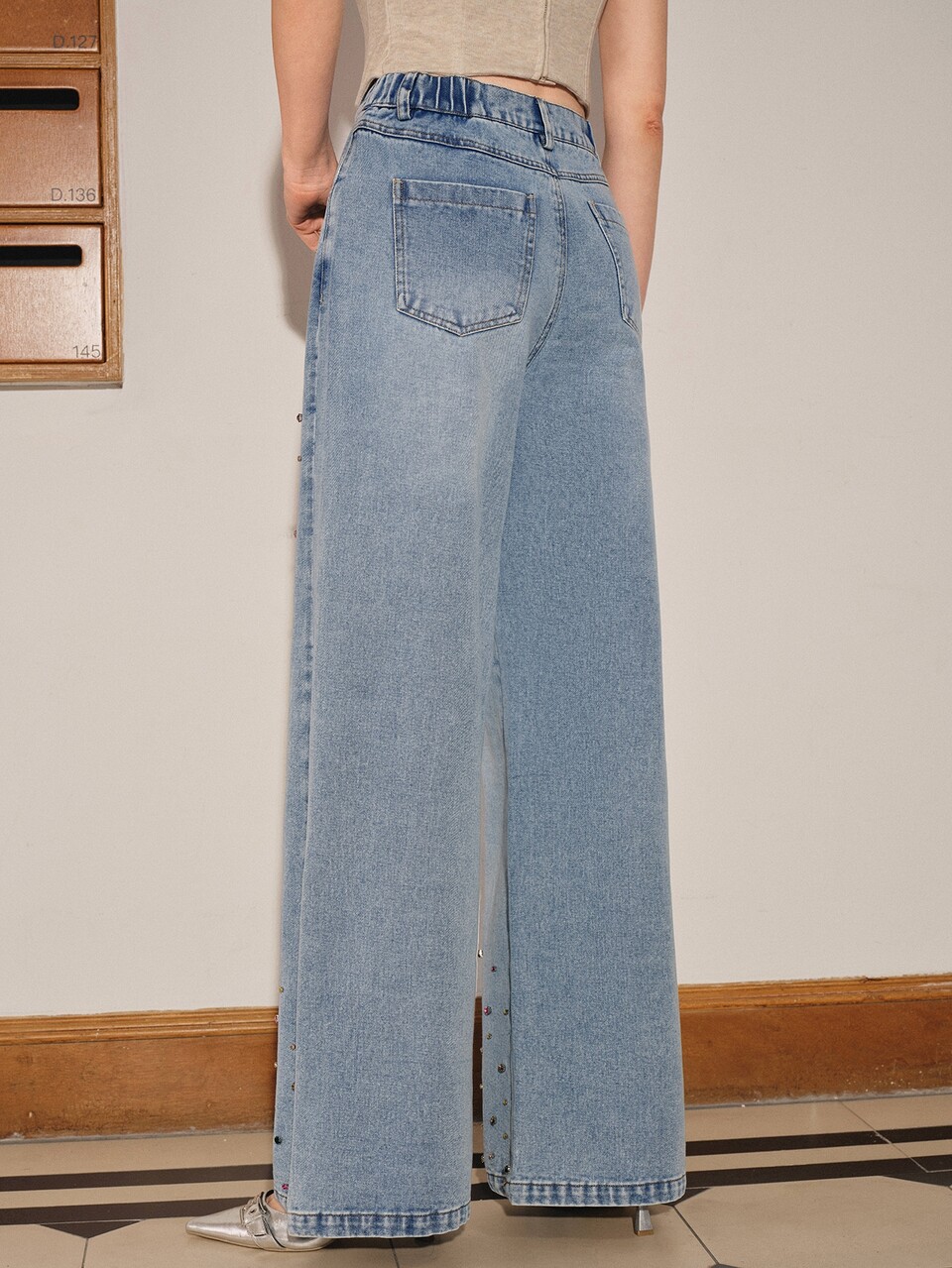 Washed Rhinestone Detail Wide Leg Jeans